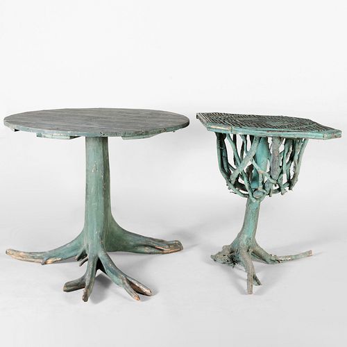 Two Green Painted Root and Twig Garden Tables