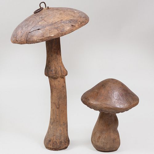 Two Carved Wood Mushrooms