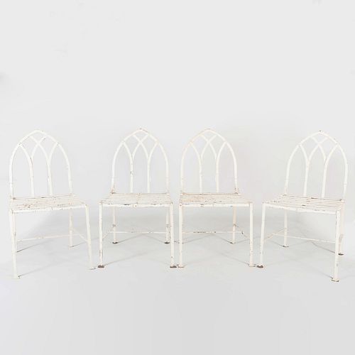 Set of Four Victorian Neo-Gothic Cast-Iron White Painted Garden Chairs