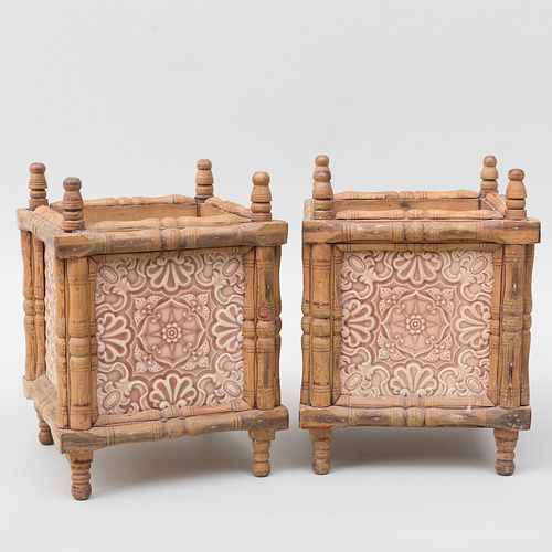 Pair of Turned Wood and Inset Minton Porcelain Tile Planters