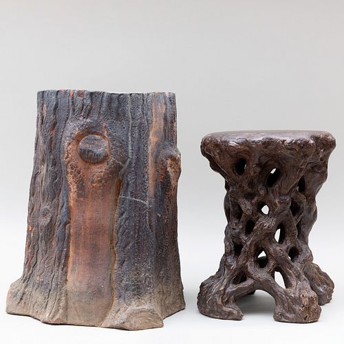 Glazed Earthenware Twig Form Garden Stool and an Earthenware Trunk Form Stool