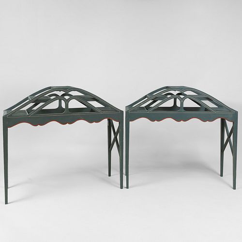 Pair of Green Painted Stepped Plant Stands, Modern