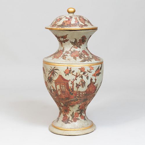 Large Decalcomania Decorated Painted Pottery Covered Urn