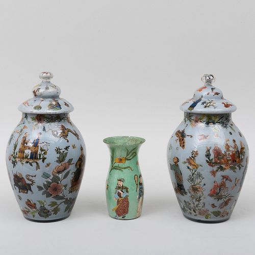 Near Pair of Blue Chinoiserie Decoupage Glass Urns and Covers a Green Glass Vase