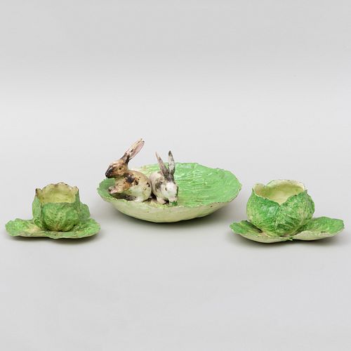 Group of Three Continental Porcelain Lettuce Form Table Objects