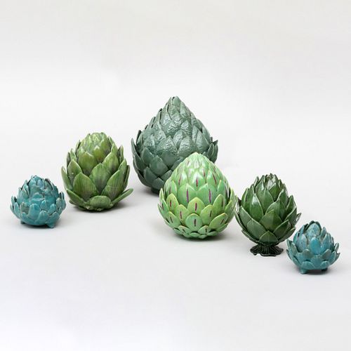 Group of Six Pottery and Porcelain Artichoke Form Boxes