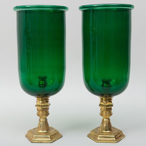 Pair of Brass Photophores with Green Hurricane Shades