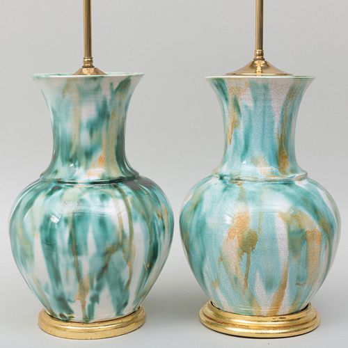 Pair of Green Splashed Glazed Earthenware Lamps
