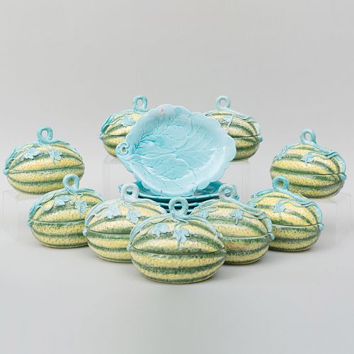 Group of Ten Mottahedeh Porcelain Melon Form Tureens and Covers and Nine Leaf Form Dishes