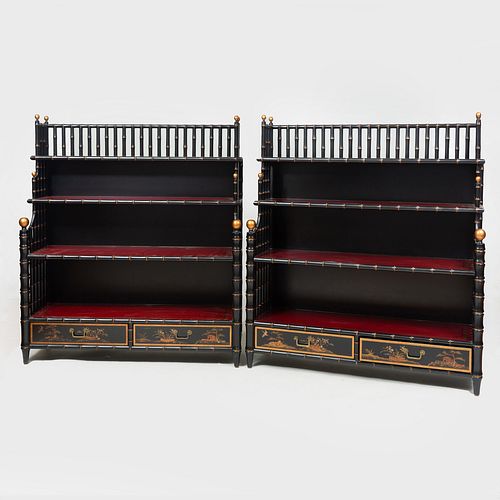 Pair of Regency Style Black and Red Painted Four Tier Waterfall Bookcases, Modern