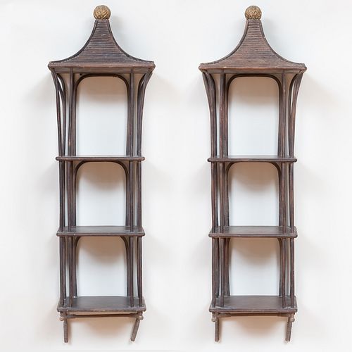 Pair of Twig Pagoda Form Hanging Shelves