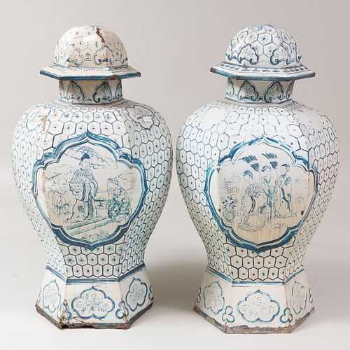 Pair of Large Painted Blue and White TÃ´le Ginger Jars and Covers, Possibly French