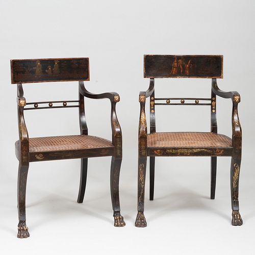 Pair of Regency Faux Painted and Parcel-Gilt Armchairs