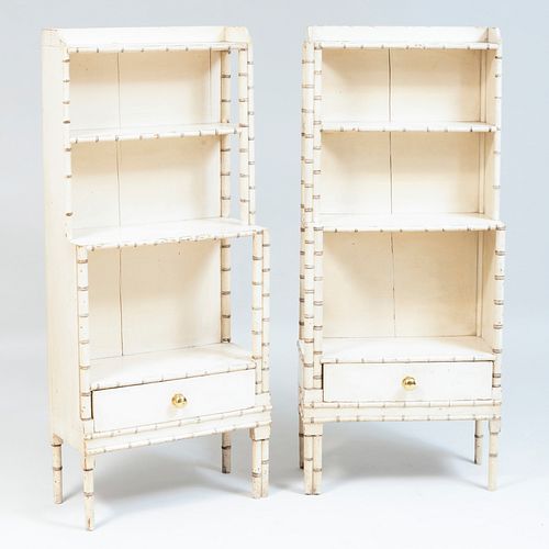 Pair of White Painted Faux Bamboo Waterfall Bookcases