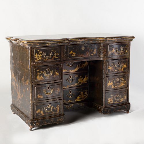 Chinese Export Black Lacquer and Parcel-Gilt Kneehole Desk