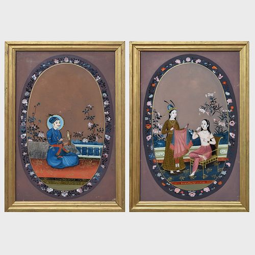 Pair of Indian Reverse Paintings on Glass