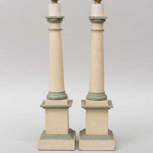 Pair of Cream and Green Painted Columnar Lamps, Colefax & Fowler 