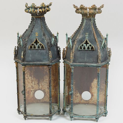 Pair of Neo-Gothic Copper and Gilded Lanterns