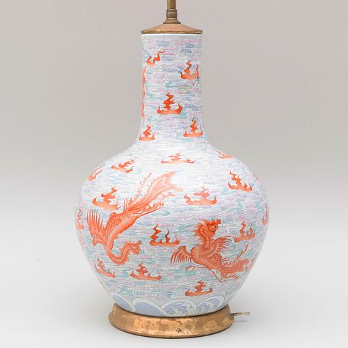 Chinese Porcelain Bottle Vase Decorated With Phoenix Mounted as a Lamp