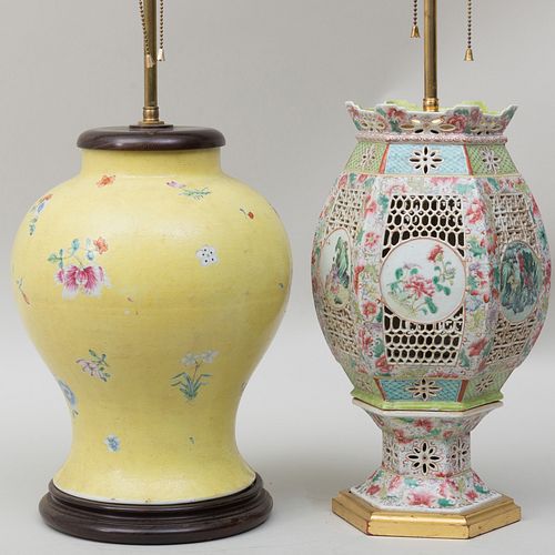 Chinese Yellow Ground Porcelain Ginger Jar Mounted as Lamp and a Chinese Export Porcelain Lantern Mounted as a Lamp