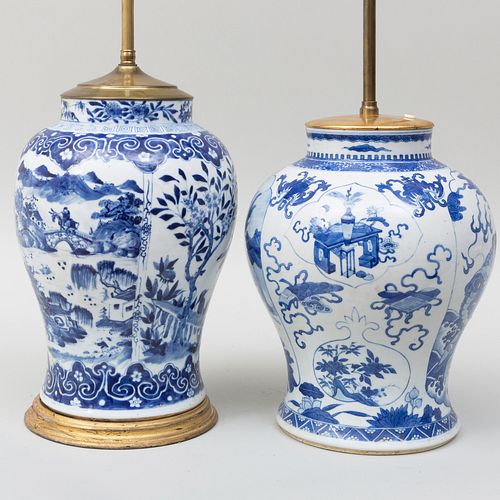Two Chinese Blue and White Porcelain Jars Mounted as Lamps