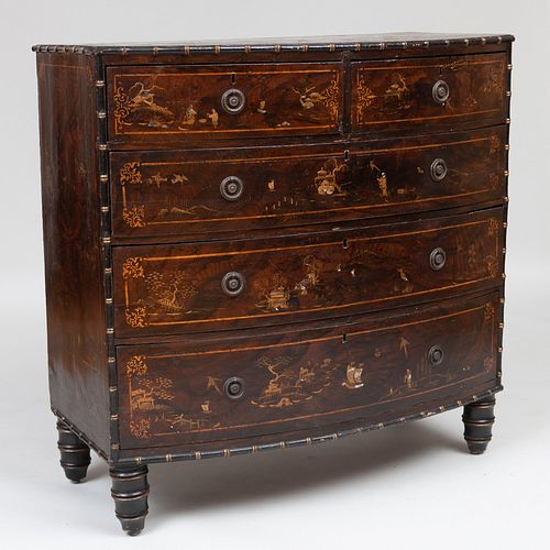 Victorian Black Lacquer and Parcel-Gilt Faux Painted Chinoiserie D Shaped Chest of Drawers