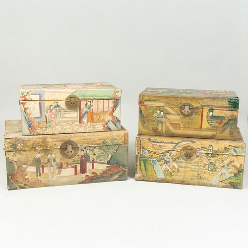 Group of Four Chinese Export Painted Pigskin Chests