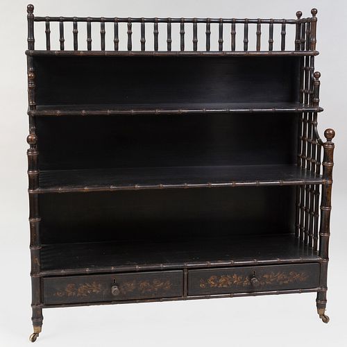 Black Painted Faux Bamboo Waterfall Bookcase, Modern