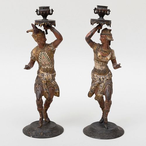 Pair of Victorian Cold Painted Metal Figural Candlesticks