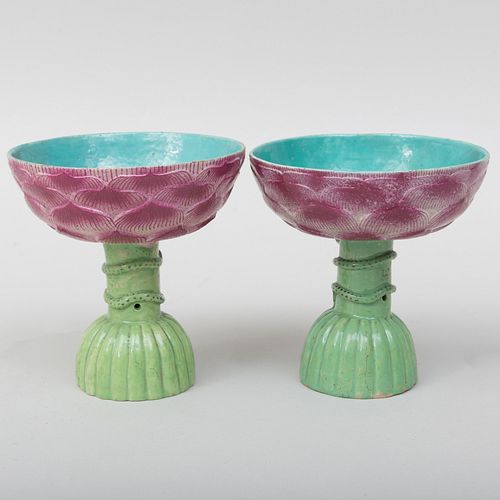 Pair of Chinese Export Porcelain Lotus Form Stem Cups