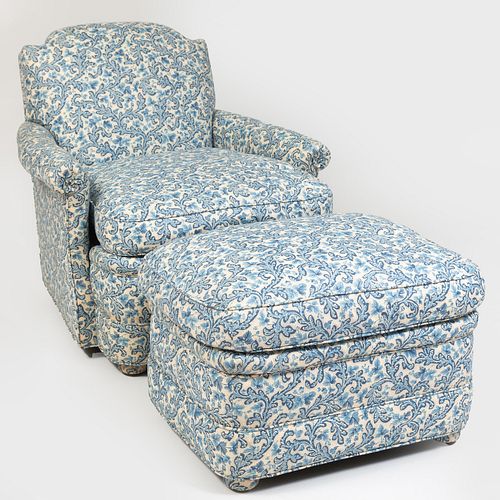 Printed Cotton Upholstered Club Chair and Ottoman