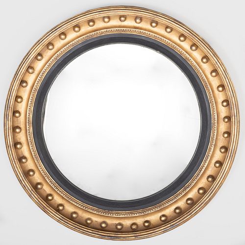 Large Regency Style Giltwood and Ebonized Convex Mirror