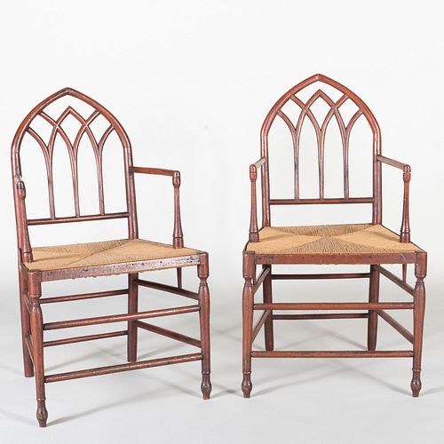 Near Pair of Victorian Neo-Gothic Red Painted Armchairs