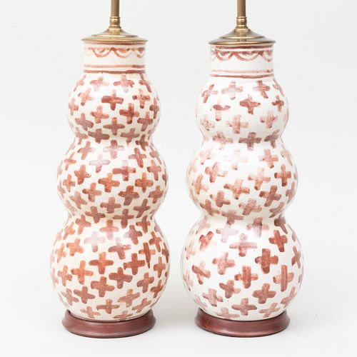 Pair of Brown and White Porcelain Triple Gourd Form Vases Mounted as Lamps