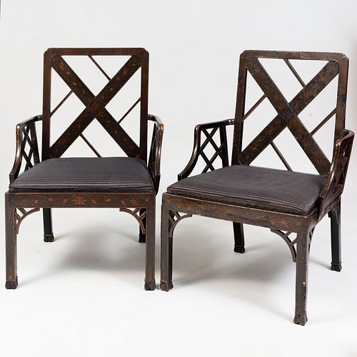 Pair of Chinese Export Black Lacquer and Parcel-Gilt Cockpen Armchairs