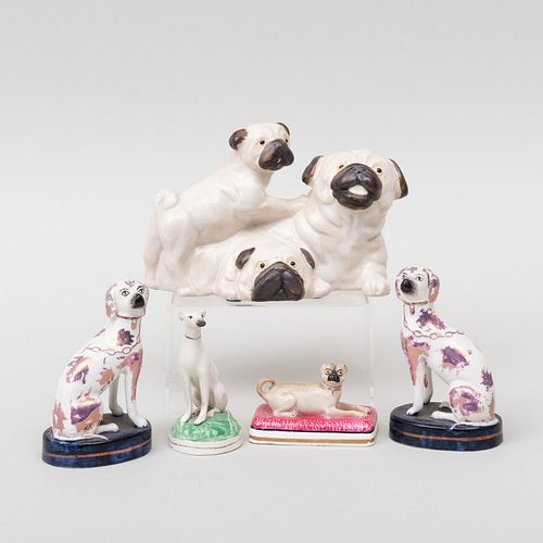 Group of Staffordshire Models of Dogs and a Pottery Group of Pugs 