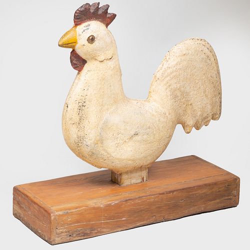 American Painted Cast-Iron Rooster Windmill Weight on Stand