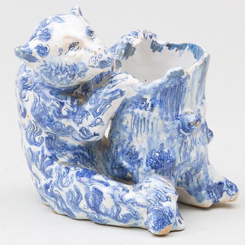 Delft Blue and White Bear and Tree Trunk Form Spill Vase