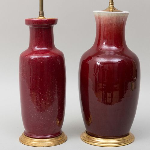 Two Chinese Copper Red Glazed Porcelain Vases Mounted as Lamps