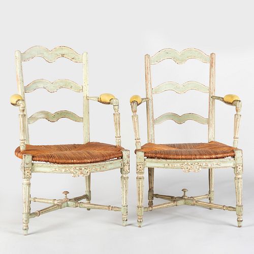 Pair of French Provincial Green Painted Armchairs