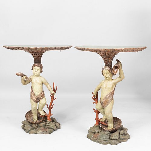 Pair of Italian Painted and Parcel-Gilt Putti Form D Shaped Consoles