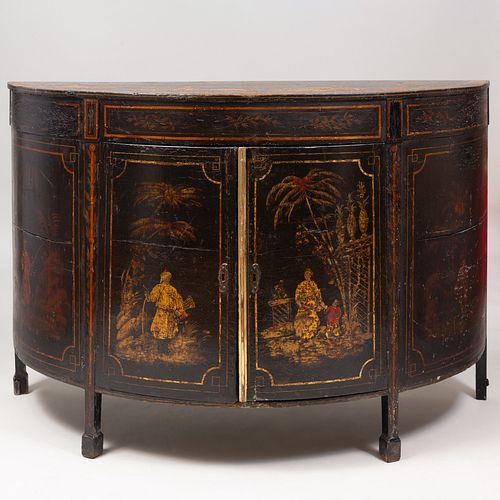 George III Style Black Lacquer and Parcel-Gilt Demilune Cabinet