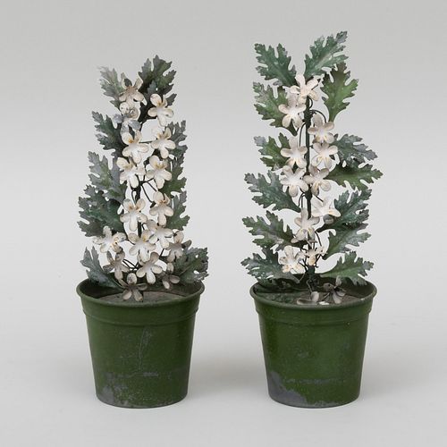 Pair of Painted TÃ´le Models of Potted Flowers