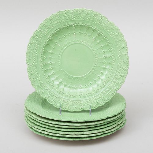 Set of Eight Copeland Spode Green Glazed Creamware Plates