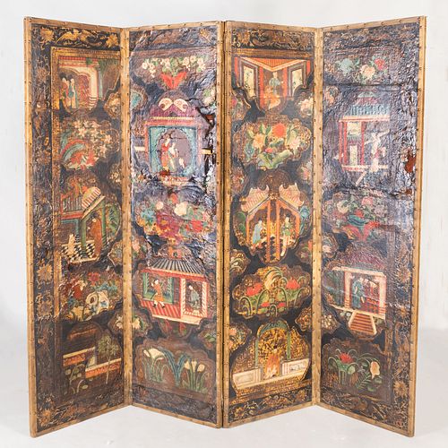 Dutch Polychrome Painted and Parcel-Gilt Leather Four Panel Screen