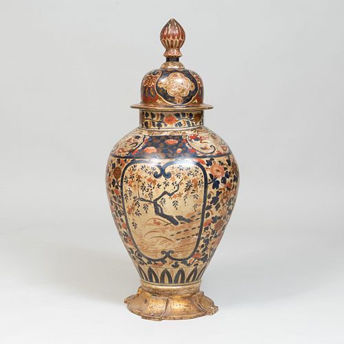 Large Imari Pottery Covered Vase with Gilt-Metal Base