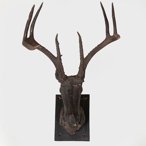 Victorian Painted Wood Deer and Antler Trophy