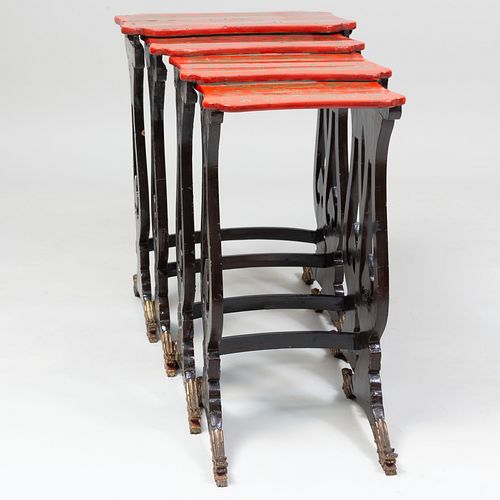 Set of Four Chinese Export Red and Black Lacquer and Parcel-Gilt Nesting Tables