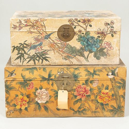 Two Chinese Export Painted Pigskin Chests