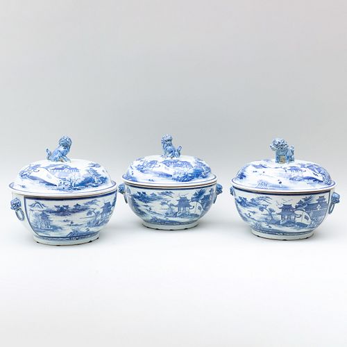 Group of Three Chinese Porcelain Blue and White  Bowls and Covers